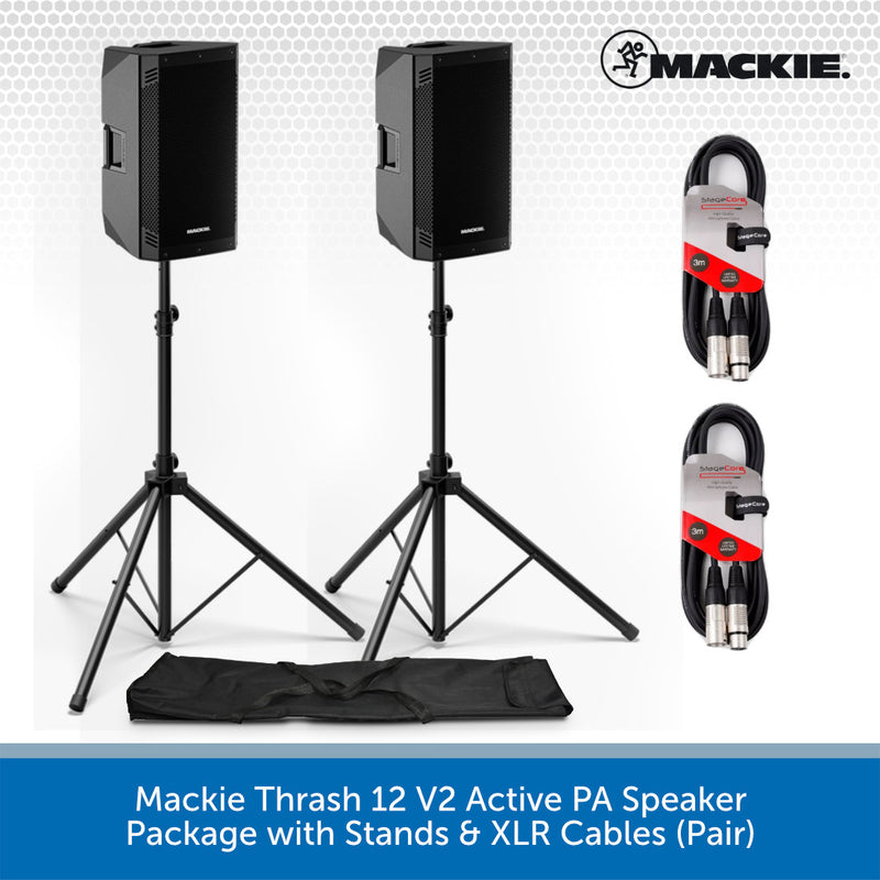 Mackie Thrash 12 V2 Active PA Speaker package including two black speakers on stands, a pair of XLR cables, and a black carrying bag, shown on a white background with a blue text banner at the bottom.