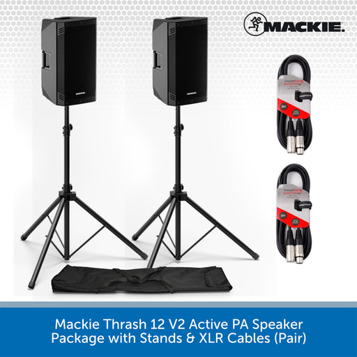 Mackie Thrash 12 V2 Active PA Speaker package including two black speakers on stands, a pair of XLR cables, and a black carrying bag, shown on a white background with a blue text banner at the bottom.