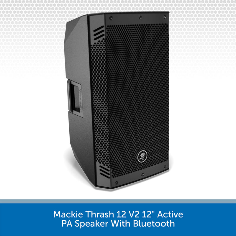 Black Mackie Thrash 12 V2 12 inch active PA speaker with Bluetooth, shown at a three-quarter angle against a white and gray patterned background with a blue text banner at the bottom.