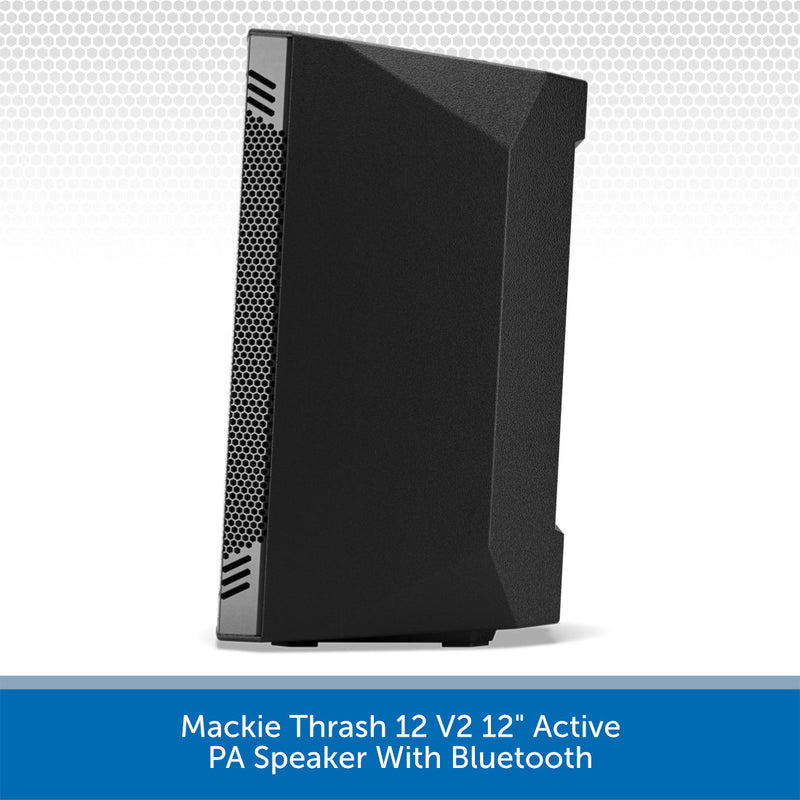 A black Mackie Thrash 12 V2 12-inch active PA speaker with Bluetooth, shown from a three-quarters angle against a white and gray patterned background with a blue text banner at the bottom.