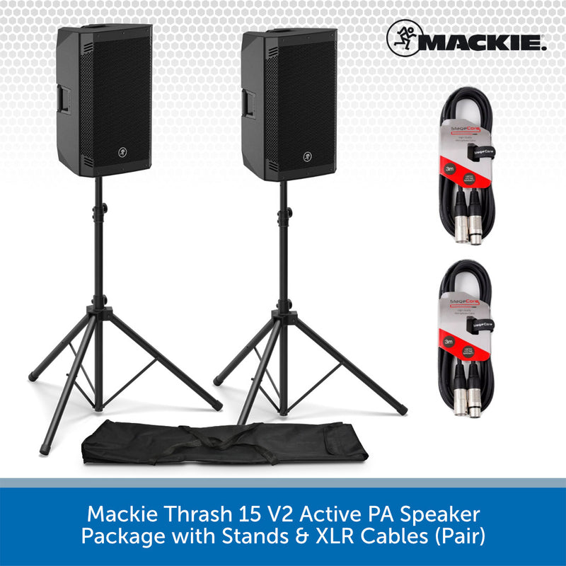 Mackie Thrash 15 V2 Active PA Speaker package showing two black speakers on stands, a pair of black XLR cables with red accents, and a black carrying bag, on a white background with a blue text banner at the bottom.