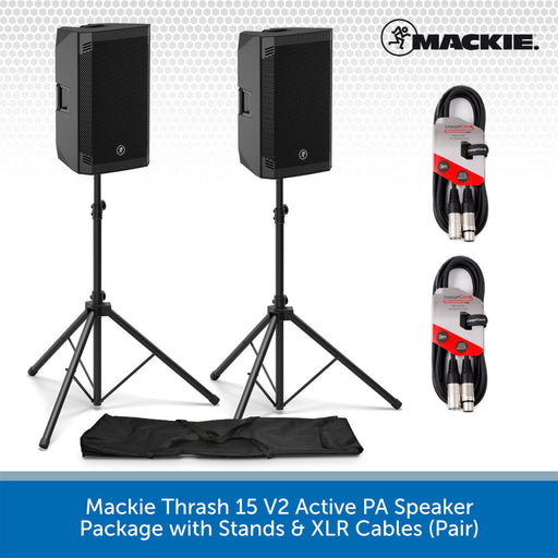 Mackie Thrash 15 V2 Active PA Speaker package showing two black speakers on stands, a pair of black XLR cables with red accents, and a black carrying bag, on a white background with a blue text banner at the bottom.
