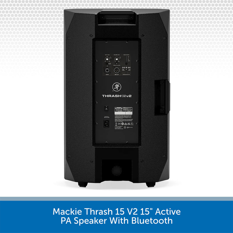 Black Mackie Thrash 15 V2 15-inch active PA speaker shown from the rear, featuring input jacks and controls, with a blue text banner at the bottom.