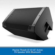 A Mackie Thrash 15 V2 15-inch active PA speaker with Bluetooth, shown at a three-quarter angle against a white background with a gray patterned header and a blue text banner at the bottom.