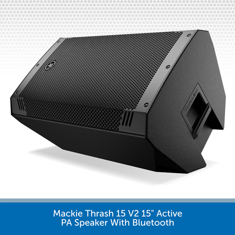 A Mackie Thrash 15 V2 15-inch active PA speaker with Bluetooth, shown at a three-quarter angle against a white background with a gray patterned header and a blue text banner at the bottom.