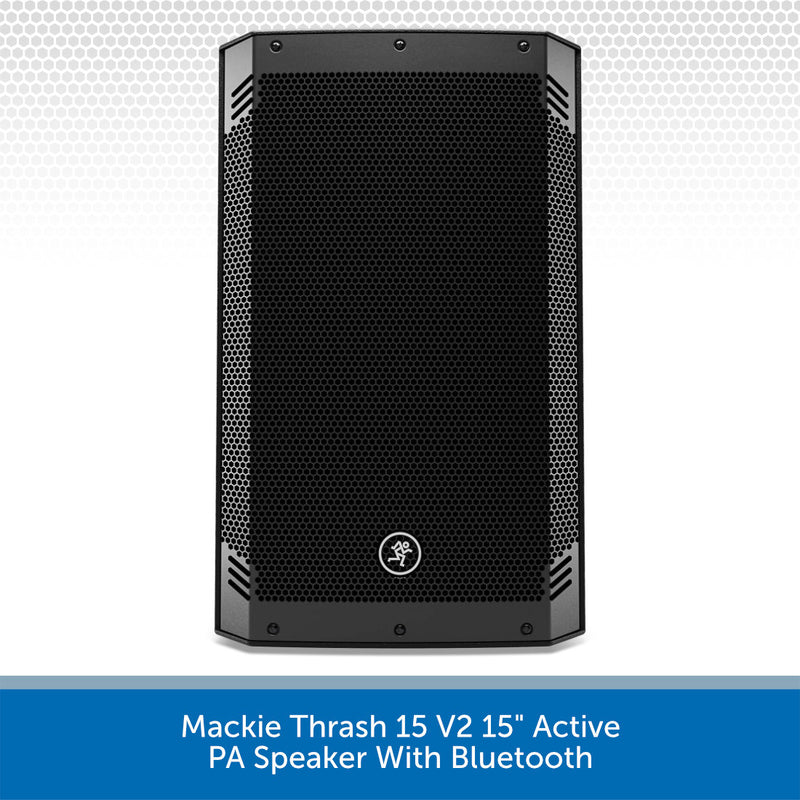 Black Mackie Thrash 15 V2 15-inch active PA speaker with Bluetooth, shown against a white and gray patterned background with a blue text banner at the bottom.