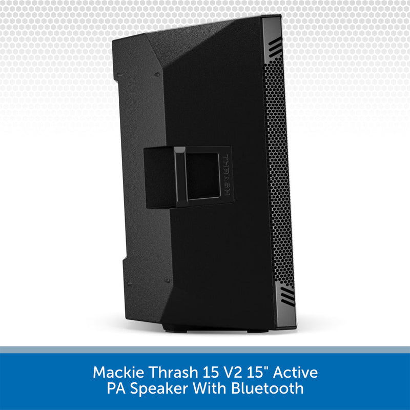 Black Mackie Thrash 15 V2 15-inch active PA speaker with Bluetooth, shown from a three-quarters angle on a white background with a blue text banner at the bottom.