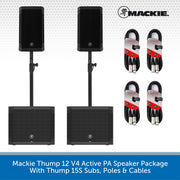 Mackie Thump 12 V4 Active PA speaker package including two black speakers on stands, two subwoofers, four audio cables, and the Mackie logo on a white background with a blue text banner at the bottom.