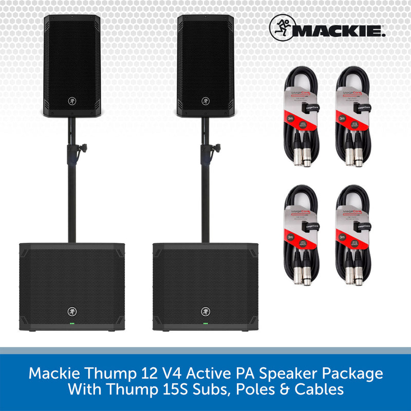 Mackie Thump 12 V4 Active PA speaker package including two black speakers on stands, two subwoofers, four audio cables, and the Mackie logo on a white background with a blue text banner at the bottom.