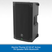 A black Mackie Thump 12 V4 12-inch active PA speaker with Bluetooth, shown from a three-quarter angle against a white background with a gray patterned header and a blue text banner at the bottom.