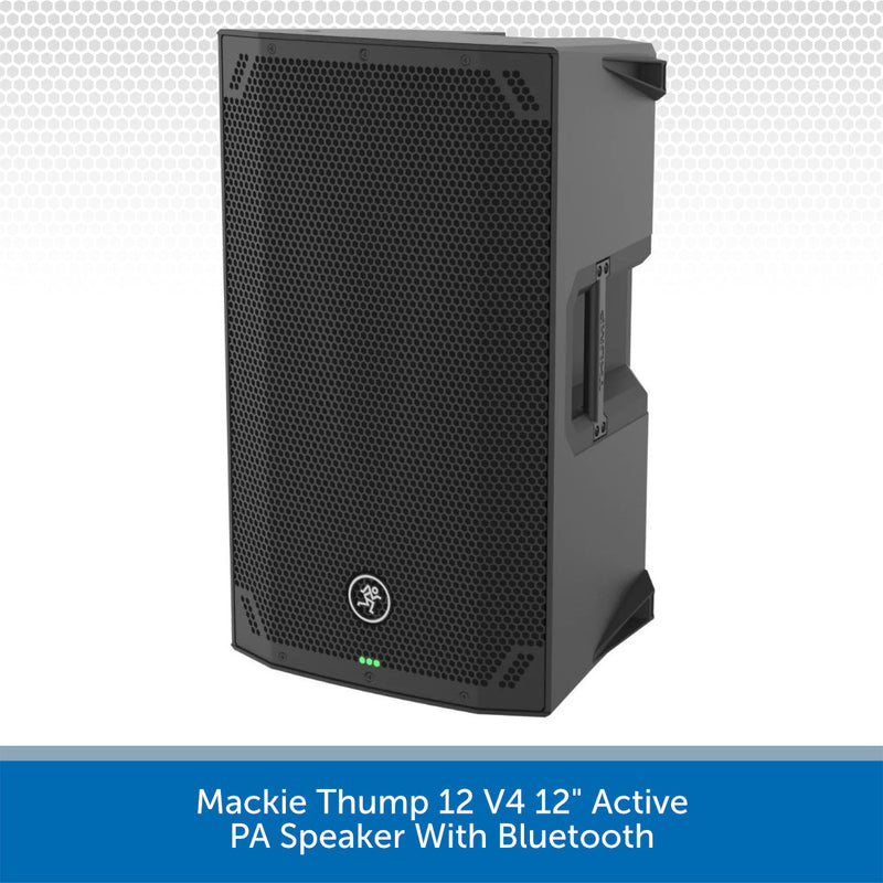 A black Mackie Thump 12 V4 12-inch active PA speaker with Bluetooth, shown from a three-quarter angle against a white background with a gray patterned header and a blue text banner at the bottom.