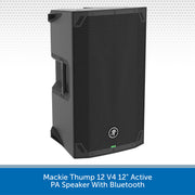 A black Mackie Thump 12 V4 12-inch active PA speaker with Bluetooth, shown from a three-quarter angle against a white background with a gray patterned header and a blue text banner at the bottom.
