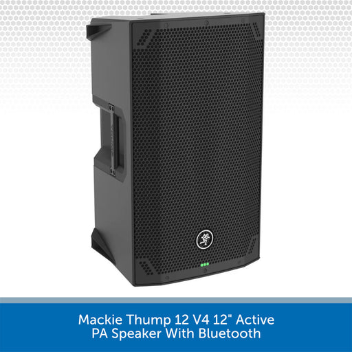 A black Mackie Thump 12 V4 12-inch active PA speaker with Bluetooth, shown from a three-quarter angle against a white background with a gray patterned header and a blue text banner at the bottom.