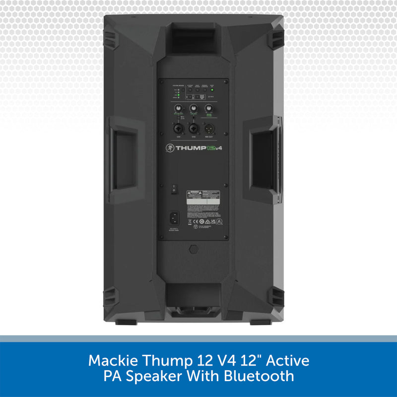 A black Mackie Thump 12 V4 12-inch active PA speaker shown from the rear, featuring a control panel with inputs and Bluetooth connectivity, set against a white patterned background with a blue text banner at the bottom.