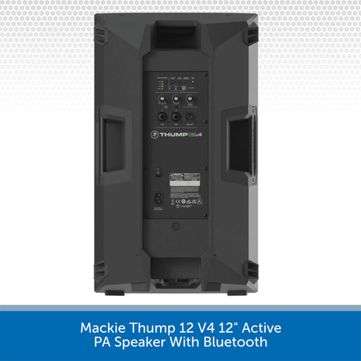 A black Mackie Thump 12 V4 12-inch active PA speaker shown from the rear, featuring a control panel with inputs and Bluetooth connectivity, set against a white patterned background with a blue text banner at the bottom.