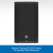 A black Mackie Thump 12 V4 12-inch active PA speaker with Bluetooth, shown against a white background with a gray dotted pattern and a blue text banner at the bottom.