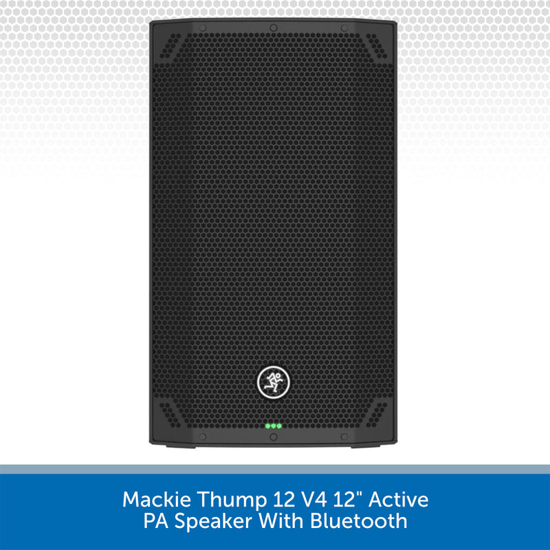 A black Mackie Thump 12 V4 12-inch active PA speaker with Bluetooth, shown against a white background with a gray dotted pattern and a blue text banner at the bottom.