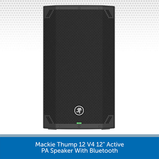 A black Mackie Thump 12 V4 12-inch active PA speaker with Bluetooth, shown against a white background with a gray dotted pattern and a blue text banner at the bottom.