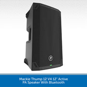 Black Mackie Thump 12 V4 12-inch active PA speaker with Bluetooth, shown at a three-quarter angle on a white background with a blue text banner at the bottom.
