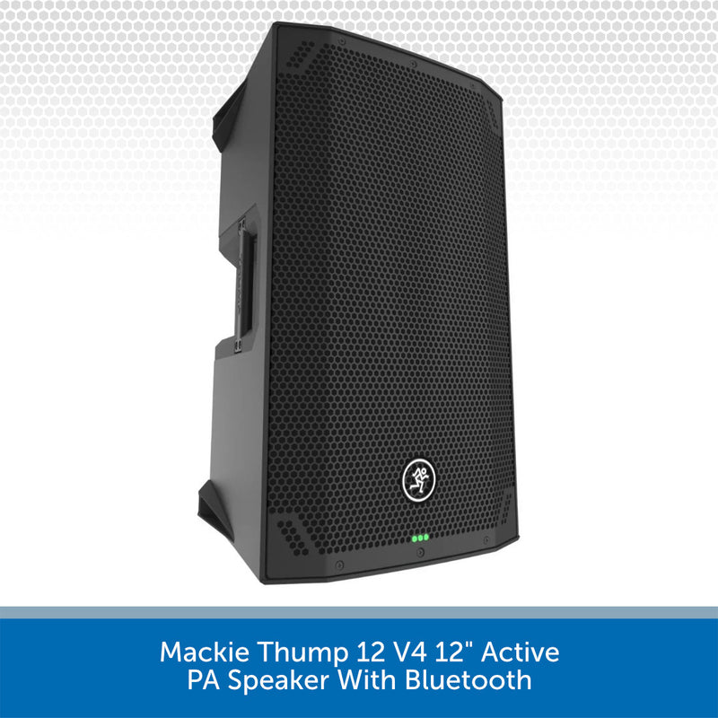 Black Mackie Thump 12 V4 12-inch active PA speaker with Bluetooth, shown at a three-quarter angle on a white background with a blue text banner at the bottom.