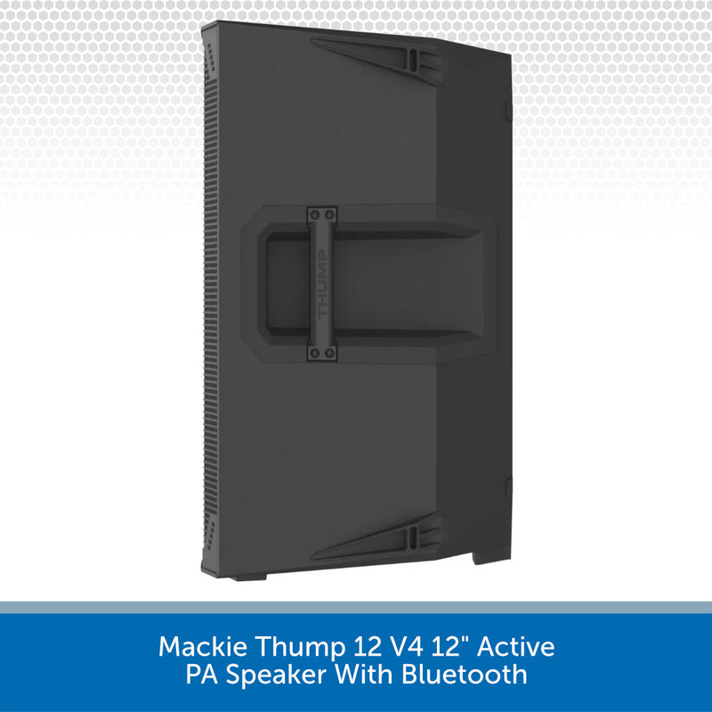 A dark gray Mackie Thump 12 V4 12" Active PA Speaker with Bluetooth, shown from a three-quarter angle against a white and gray patterned background with a blue text banner at the bottom.