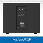 Rear view of a Mackie Thump 15S V4 15" active PA subwoofer in black, featuring multiple input jacks and a THUMP 15S V4 logo on the back panel, set against a light patterned background with a blue text banner at the bottom.