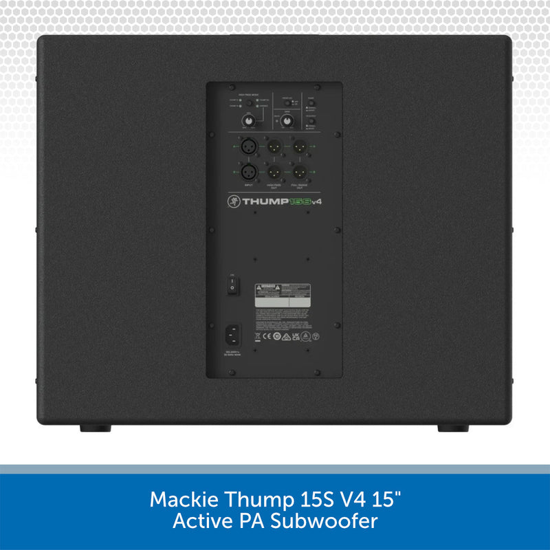 Rear view of a Mackie Thump 15S V4 15" active PA subwoofer in black, featuring multiple input jacks and a THUMP 15S V4 logo on the back panel, set against a light patterned background with a blue text banner at the bottom.