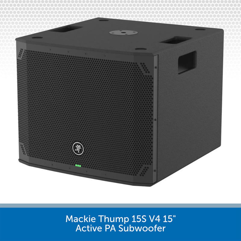 A black Mackie Thump 15S V4 15" Active PA Subwoofer shown at a three-quarter angle on a white background with a blue text banner at the bottom.