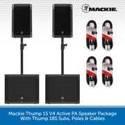 Mackie Thump 15 V4 Active PA speaker package including two black speakers on stands, one subwoofer, and four black cables with red and white protective wraps, shown on a white background with a blue text banner at the bottom.