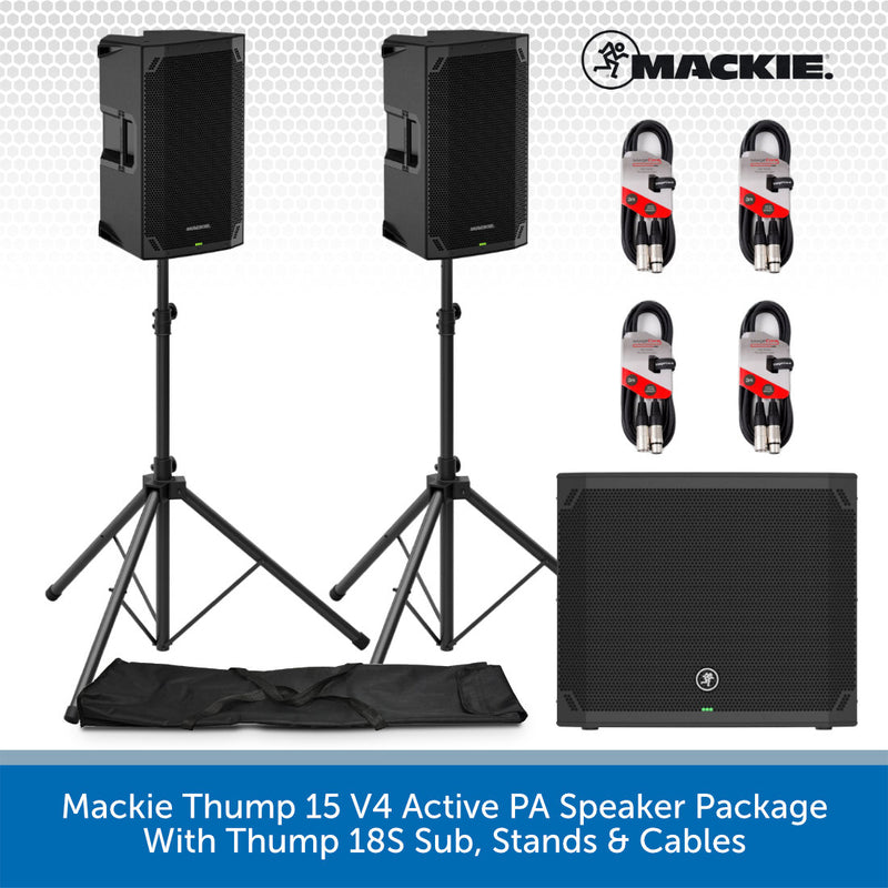 Mackie Thump 15 V4 Active PA speaker package including two black speaker stands, two pairs of red-and-black cables, a black subwoofer, and a black carrying bag, shown on a white background with a blue text banner at the bottom.
