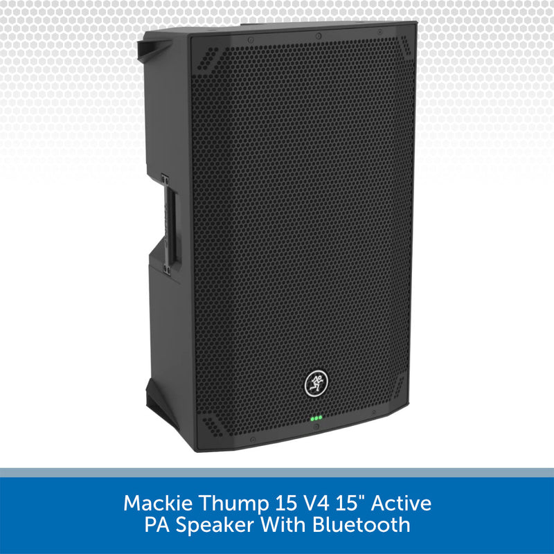 A black Mackie Thump 15 V4 15" active PA speaker with Bluetooth, shown from a three-quarters angle on a white background with a blue text banner at the bottom.