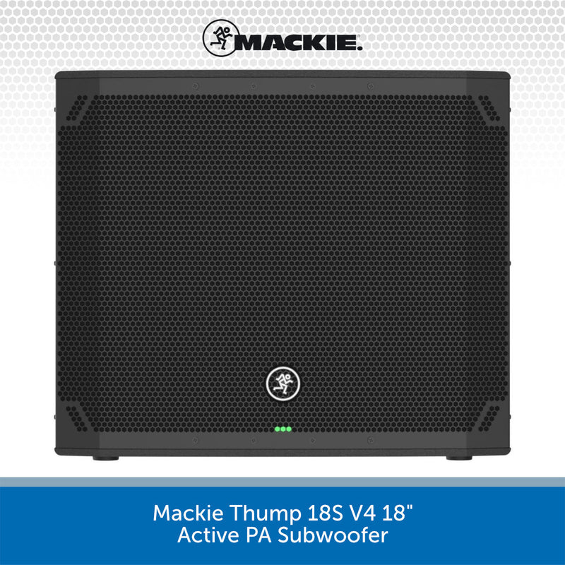 Mackie Thump 18S V4 18" Active PA Subwoofer shown from the front on a white background with a blue text banner at the bottom.