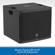 A Mackie Thump 18S V4 18" Active PA Subwoofer shown at a three-quarter angle on a white background with a blue text banner at the bottom.