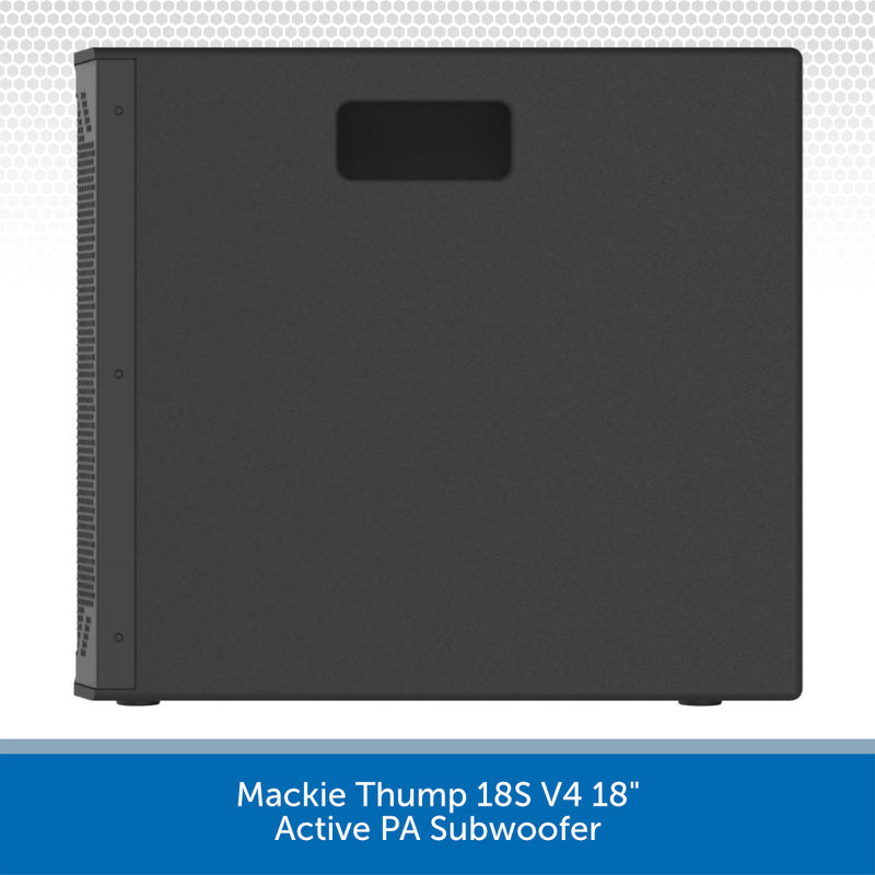 A black Mackie Thump 18S V4 18" Active PA Subwoofer shown from the front against a white background with a blue text banner at the bottom.