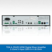 TOA A-3512D 120W digital mixer amplifier rear panel, featuring multiple input and output jacks, green terminal blocks, and a power supply inlet, shown on a white background with a blue text banner at the bottom.