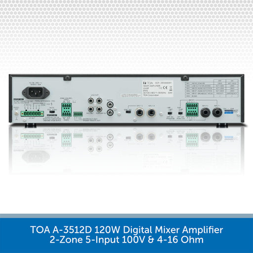 TOA A-3512D 120W digital mixer amplifier rear panel, featuring multiple input and output jacks, green terminal blocks, and a power supply inlet, shown on a white background with a blue text banner at the bottom.