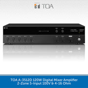 TOA A-3512D 120W digital mixer amplifier in a sleek black chassis, featuring 5 input channels, 2 zones, and various control knobs, presented on a white background with a blue text banner at the bottom.