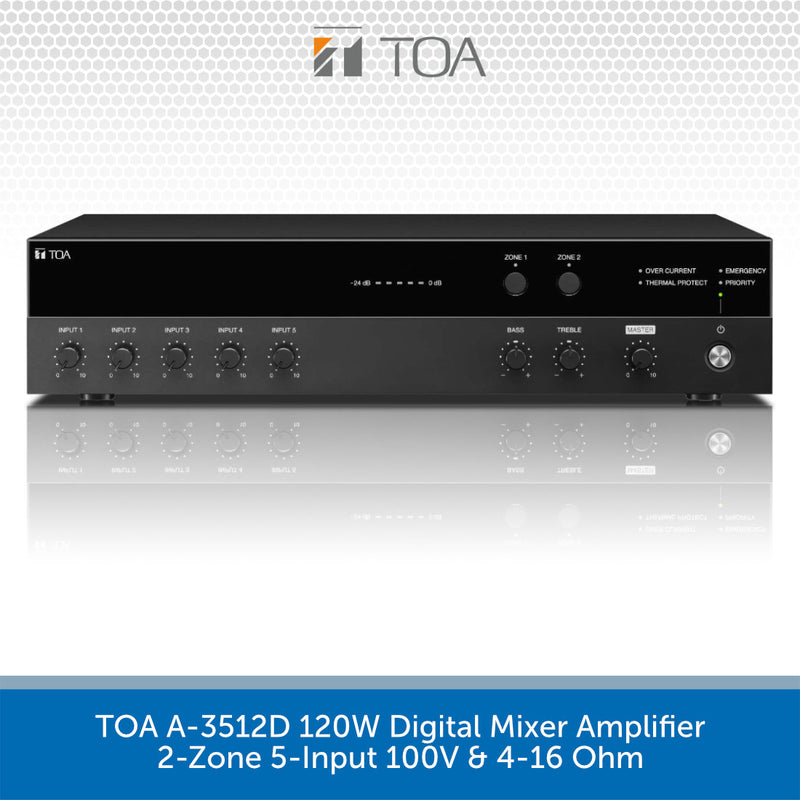 TOA A-3512D 120W digital mixer amplifier in a sleek black chassis, featuring 5 input channels, 2 zones, and various control knobs, presented on a white background with a blue text banner at the bottom.
