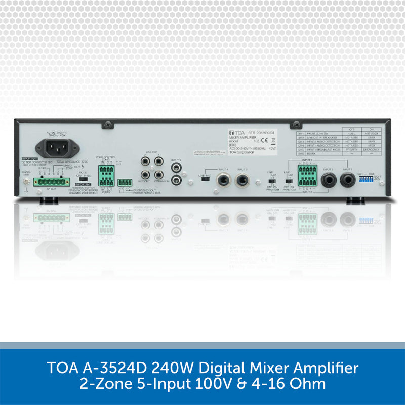 TOA A-3524D 240W digital mixer amplifier rear panel, featuring multiple input and output jacks, green terminal blocks, and a power input socket on a light gray background with a blue text banner at the bottom.
