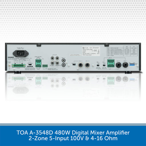 TOA A-3548D 480W digital mixer amplifier rear panel, featuring various input and output jacks, green terminal blocks, and power supply connectors, shown on a white background with a blue text banner at the bottom.