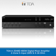 TOA A-3548D 480W digital mixer amplifier in a sleek black chassis, featuring 5 input channels, 2 zones, and various control knobs, presented on a reflective white background with a blue text banner at the bottom.
