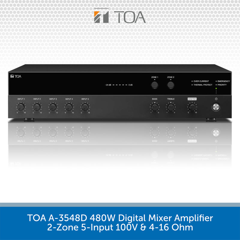 TOA A-3548D 480W digital mixer amplifier in a sleek black chassis, featuring 5 input channels, 2 zones, and various control knobs, presented on a reflective white background with a blue text banner at the bottom.