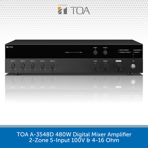 TOA A-3548D 480W digital mixer amplifier in a sleek black chassis, featuring 5 input channels, 2 zones, and various control knobs, presented on a reflective white background with a blue text banner at the bottom.