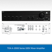 TOA A-2000 Series 100V Mixer Amplifier with front and back views on a white background.