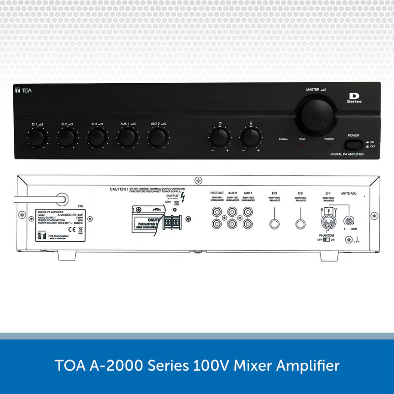 TOA A-2000 Series 100V Mixer Amplifier with front and back views on a white background.