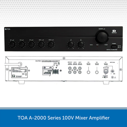 TOA A-2000 Series 100V Mixer Amplifier with front and back views on a white background.
