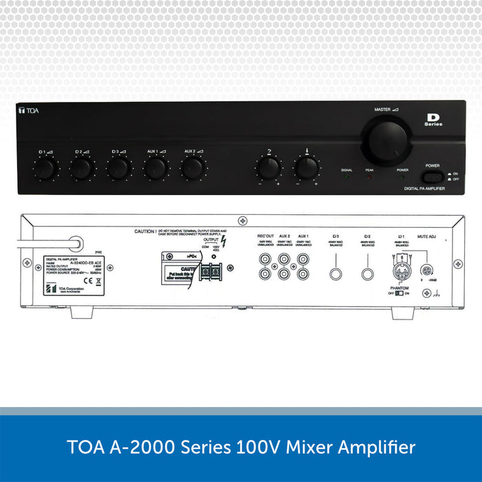 TOA A-2000 Series 100V Mixer Amplifier with front and back views on a white background.