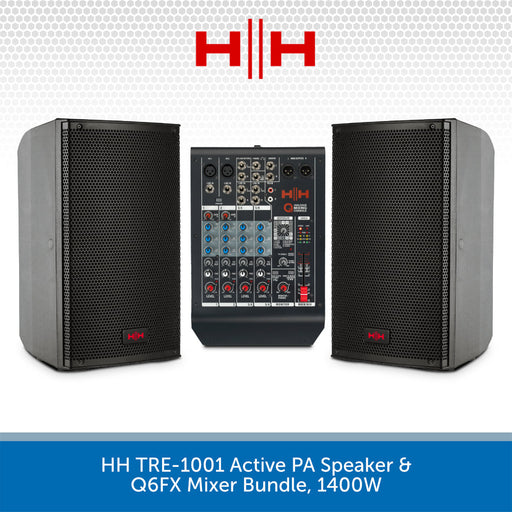HH TRE-1001 Active PA Speaker & Q6FX Mixer Bundle with HH logo on a white background