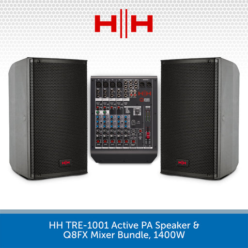 HH TRE-1001 Active PA Speaker & Q8FX Mixer Bundle with HH logo on a white background