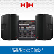 HH TRE-1201 Active PA Speaker & Q12FX Mixer Bundle with HH logo on a white background